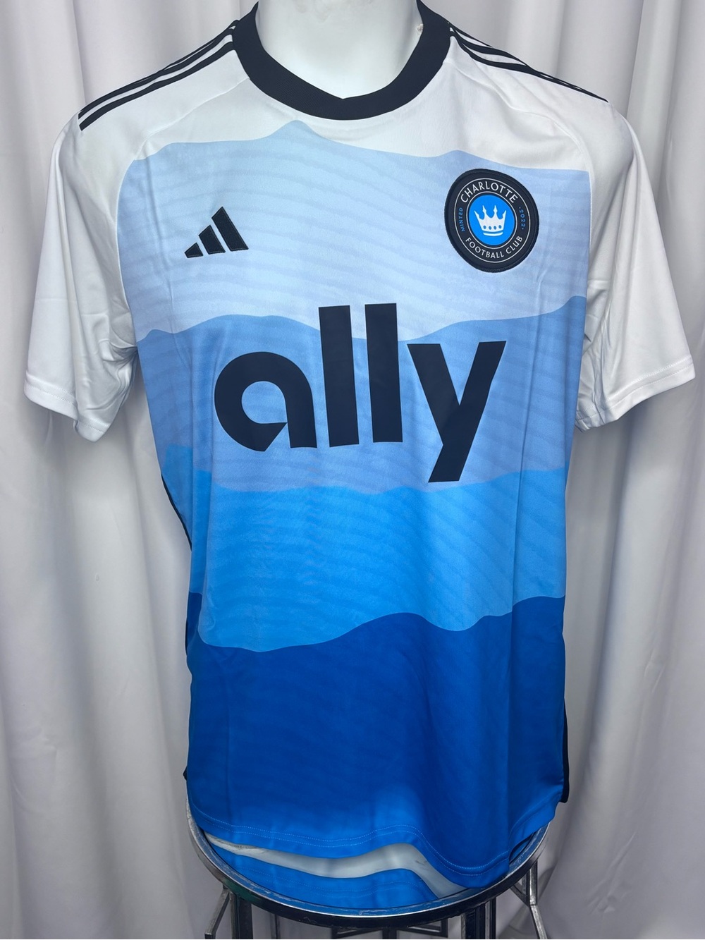 Adidas White and Blue Gradient Charlotte FC Soccer Jersey with Ally Logo